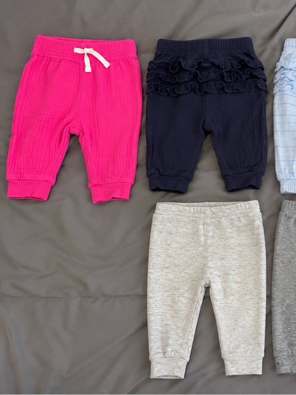 8pc 0-3mo Ruffle Tutu Pants, Dark & Light Gray, Baby Blue & Beach Hat Set